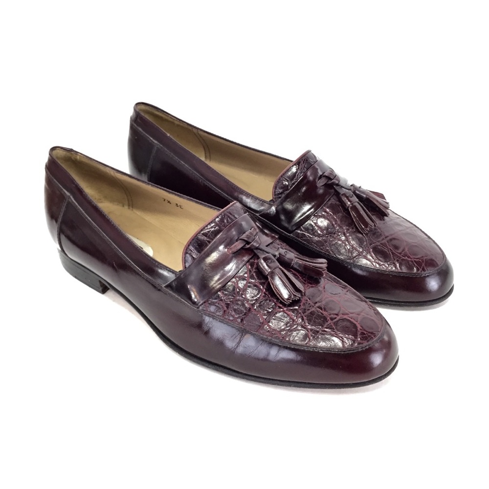 BALLY Maroon Leather & Crocodile Tassel Loafers